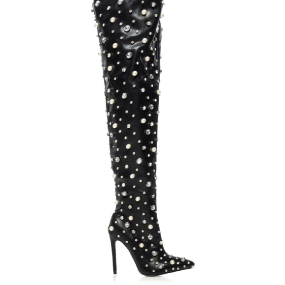 Black Pearl-Embellished Over the Knee Boots - Picture 2 of 6